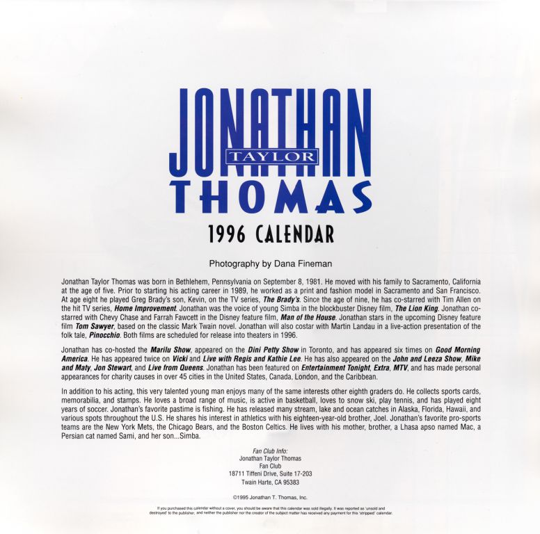 The Jonathan Taylor Thomas 1996 Calendar - JTTArchive.Net