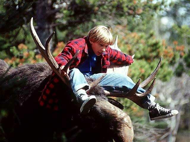 Marshall (Jonathan Taylor Thomas) riding a moose in Wild America. 