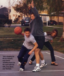 “He’s shaping his d life for himself,” says friend Jonathan Koch (on the court with his wife, Cory Oliver, and Thomas).